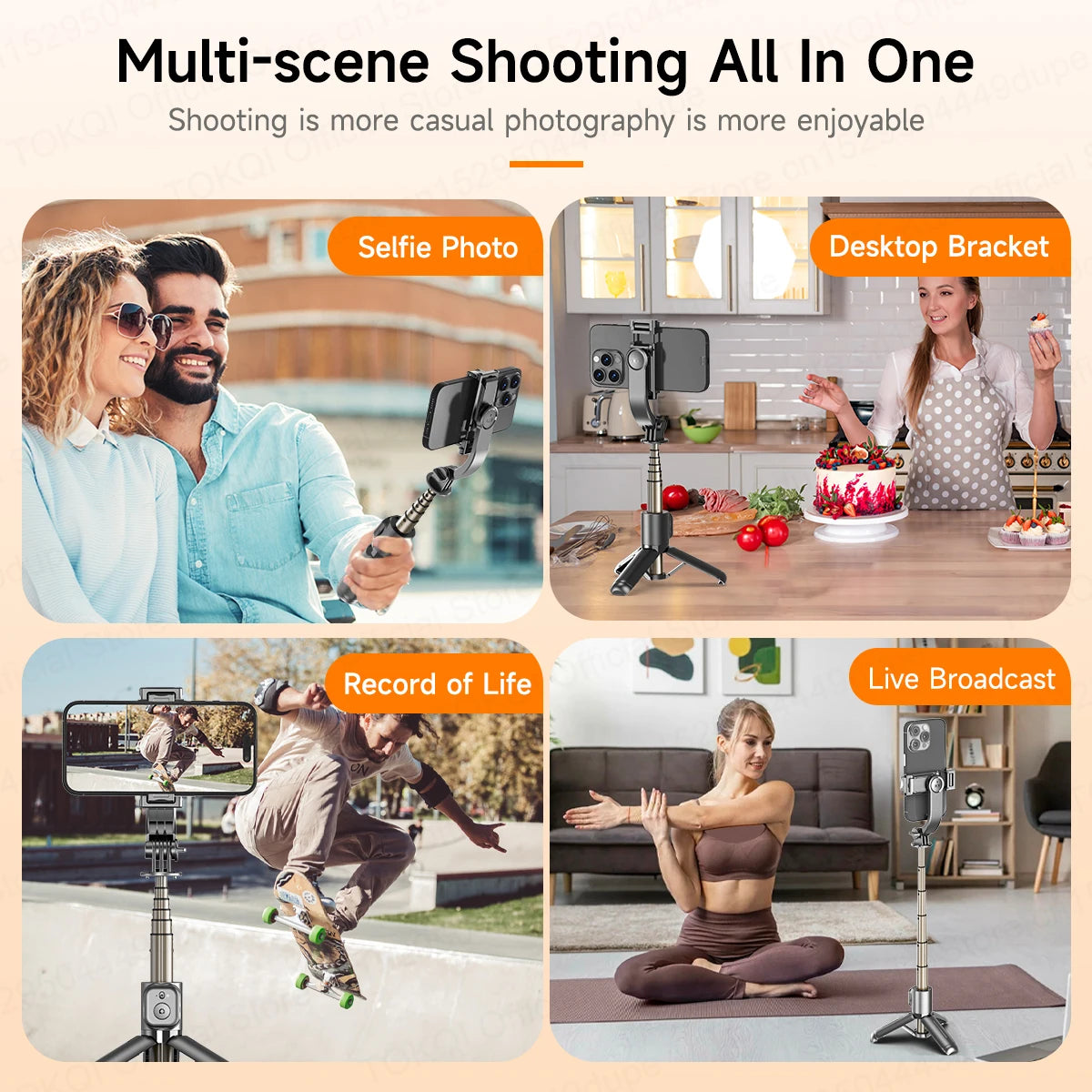 TOKQI Mini Selfie Stick Tripod with 3 Color Fill Light Detachable Holder 360 Rotation Bluetooth Remote for Vlog Live Streaming