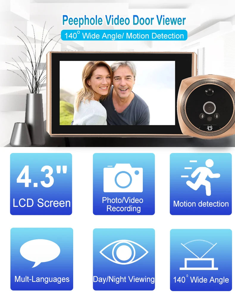 4.3" Inch Door Viewer Video Peephole Camera Motion Detection Monitor Digital Ring Doorbell Video-Eye Safety Recording