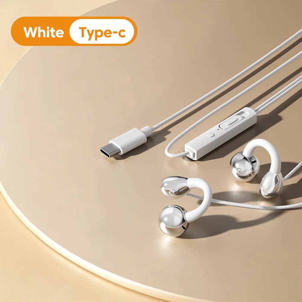 3.5MM/Type C Wired Headphones With Microphone HiFi Sound Ear Clip Non-in-ear Wired Earphones for iphone 15 16 17 Samsung