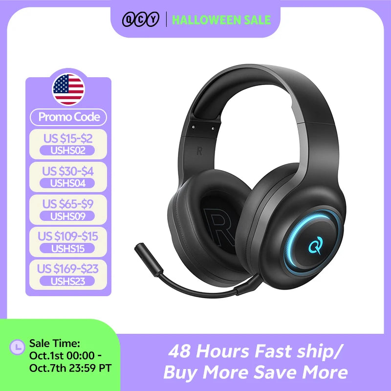QCY Heroad V200 Gaming Over Ear Headphone Wireless Bluetooth 6.0 with Mic 50mm Driver 7.1 Surround Sound Dynamic EQ RGB Headset