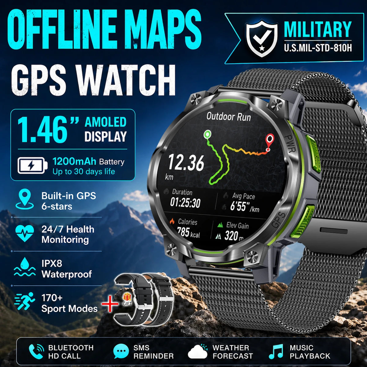 Men Outdoor GPS Smartwatch Offline Map 107 Sport Modes 1200mAh Battery BT Call Heart Rate BP SpO2 Fitness Sports Wrist Watch