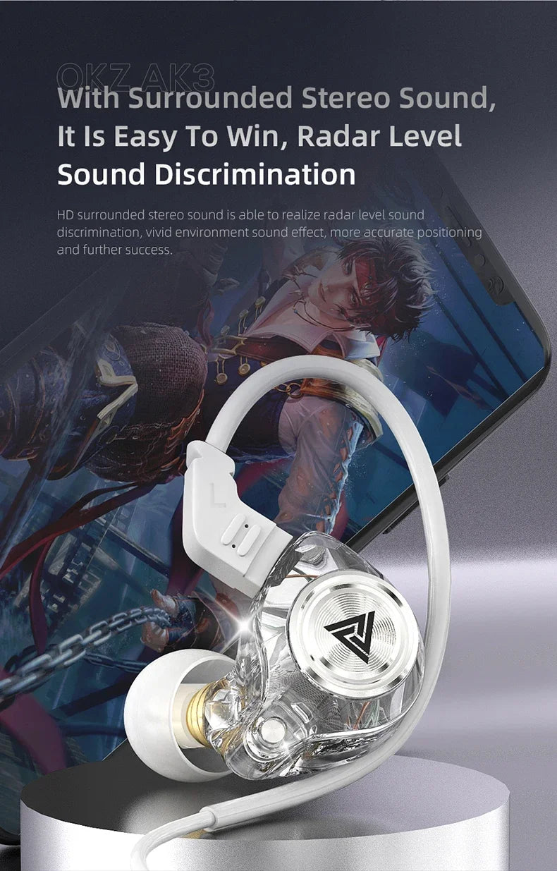 QKZ AK3 FiLe Wired Earphone with Microphone HiFi Music Monitor Bass Headphones Noise Cancelling Headset For Sport Gaming Earbuds