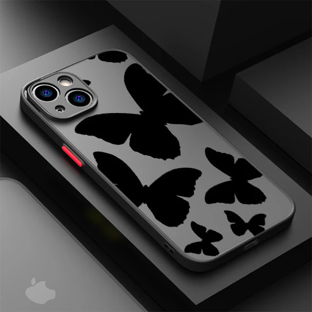 Butterfly Printed Case for Apple iPhone 15 11 14 13 12 Pro 7 XR X XS Max 8 Plus 6 6S SE 2022 15Pro Black Matte Phone Funda