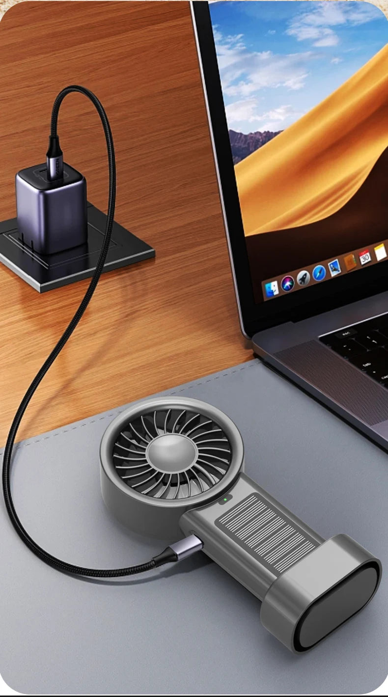 Solar Handheld Fan Small Dekstop Fan USB Light Rechargeable Portable Mini Air Cooling Hand Fan for Outdoor Camping Travel Hiking