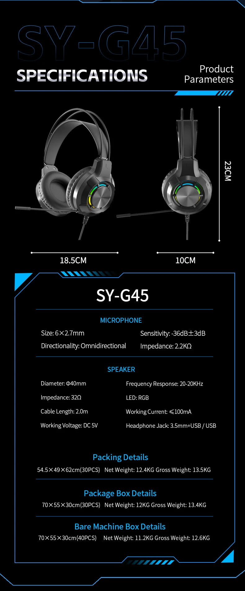 Over-Ear Gaming Headphone 7.1 Surround Sound ENC Noise Cancelling Mic RGB LED Wired Headset for PC PS4 PS5 Xbox Laptop Desktop