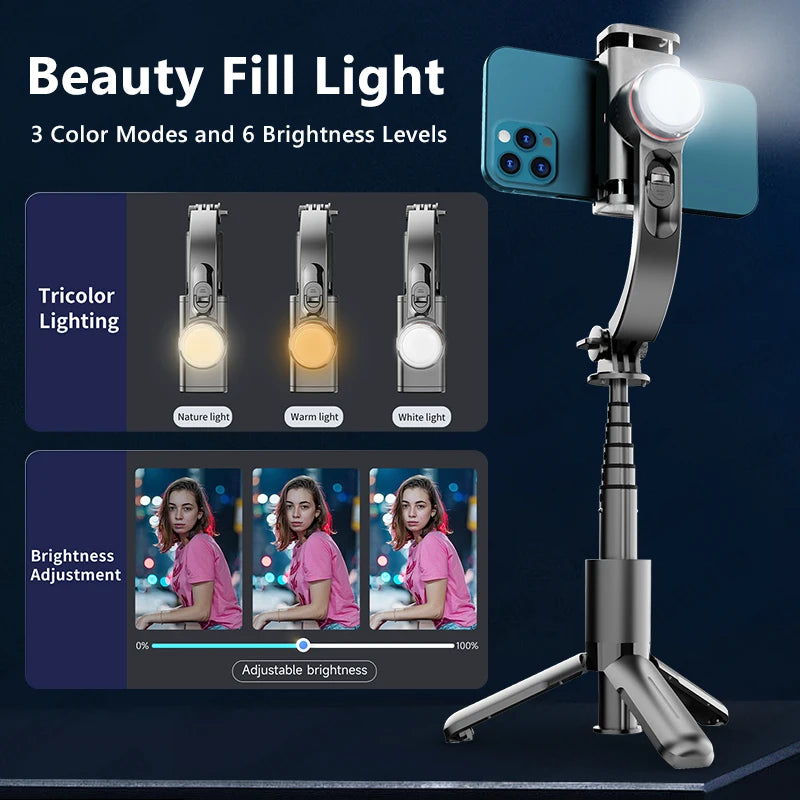 TOKQI Handheld Stabilizer for Stream Anti‑Shake Gimbal Selfie Stick With 3‑Color Adjustable Fill Light Wireless Remote Control 3