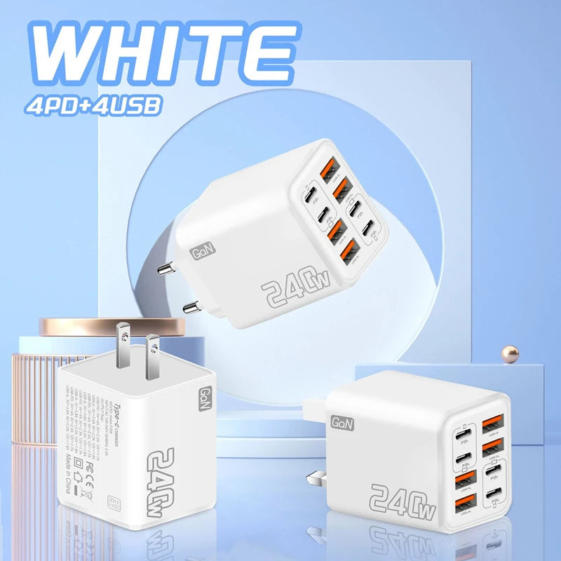 240W GaN USB C Charger 8 in 1 Fast Charging Phone Charger Power Adapter For iPhone Xiaomi Type C EU/US/UK Plug Wall Charger 2026