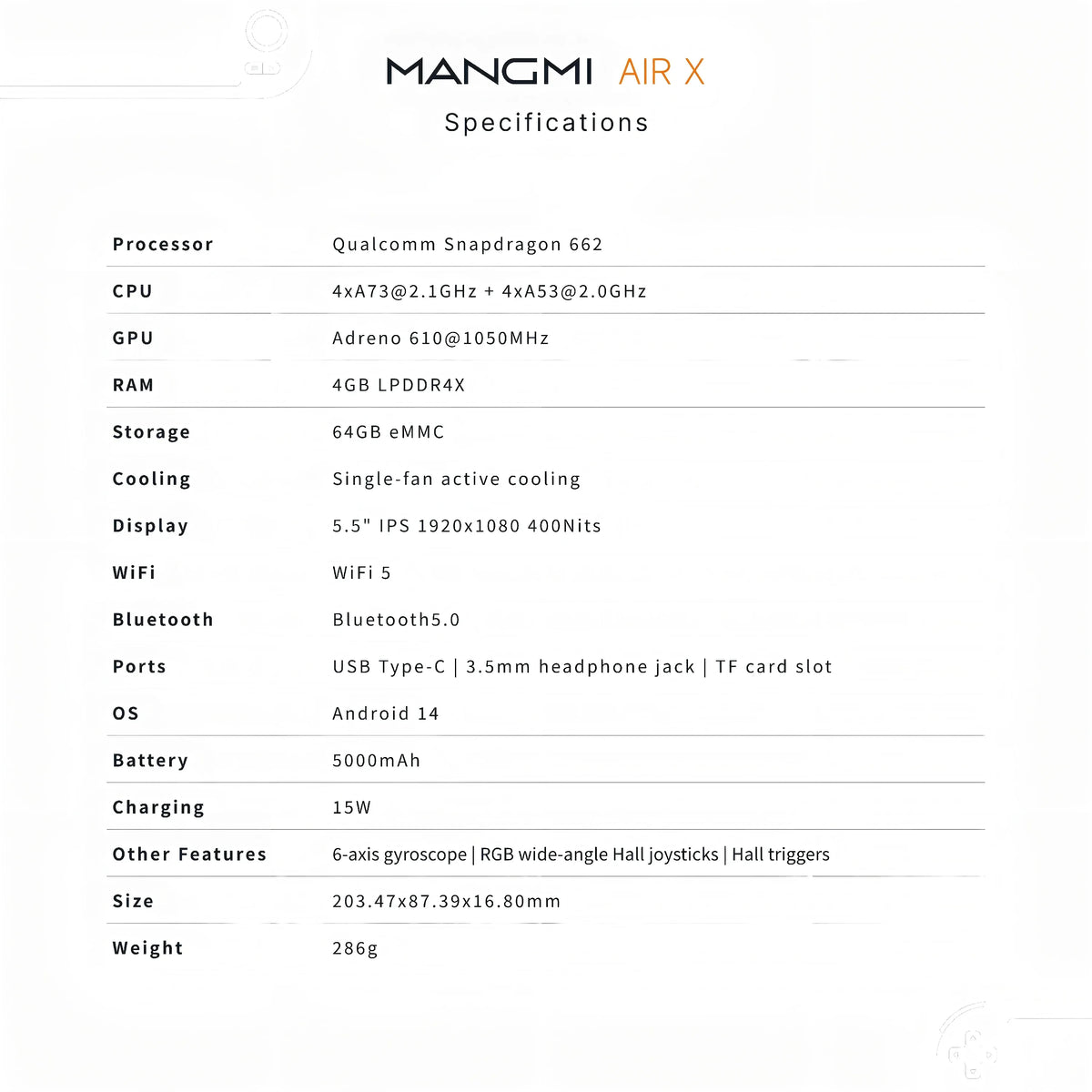 MANGMI AIR X Handheld Game Console Qualcomm Snapdragon 662 5.5'' Touchscreen Android 14 Active Cooling Fan 15W Fast Charging RGB