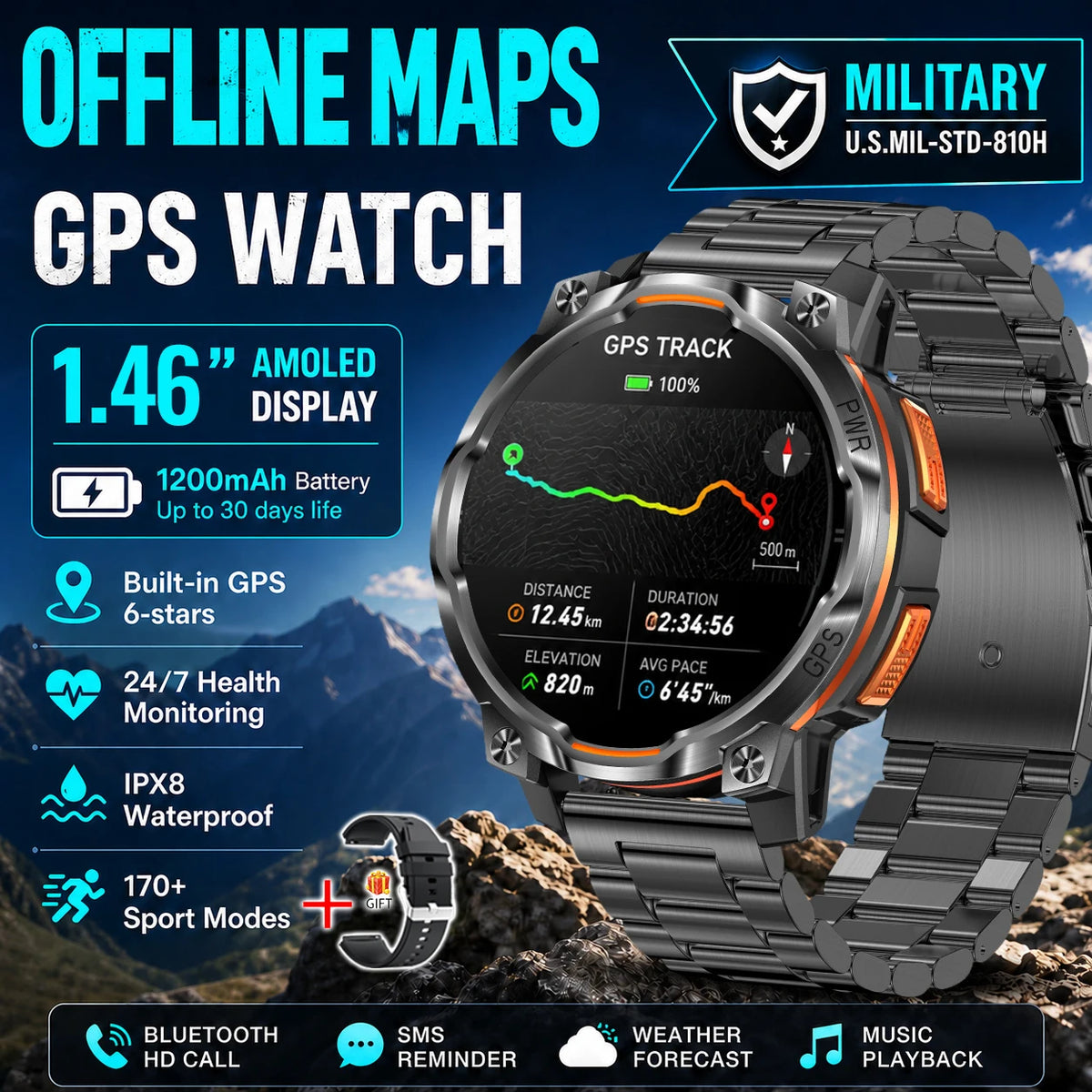 Men Outdoor GPS Smartwatch Offline Map 107 Sport Modes 1200mAh Battery BT Call Heart Rate BP SpO2 Fitness Sports Wrist Watch