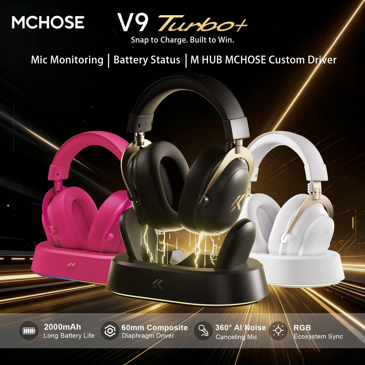 MCHOSE V9 Turbo+ E-sports Magnetic Wireless Gaming Headset 7.1 Surround Sound 90° Swivel Ear Cups Low Latency Magnetic Charging
