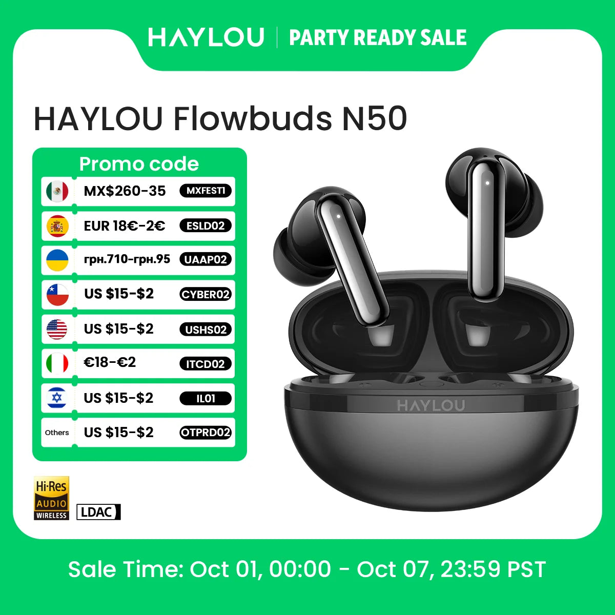 HAYLOU Flowbuds N50 ANC Bluetooth 6.0 Wireless Earphones Active Noise Cancellation 6 Mics AI Claer Call Earbuds 32H Playtime