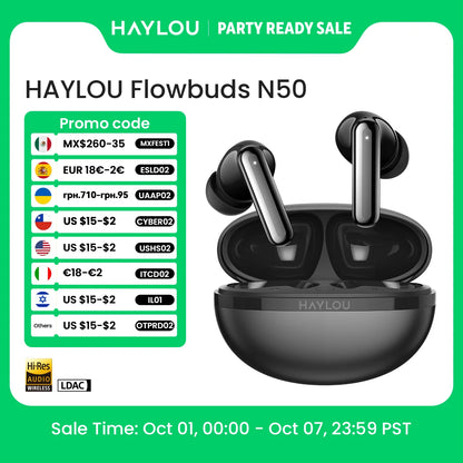 HAYLOU Flowbuds N50 ANC Bluetooth 6.0 Wireless Earphones Active Noise Cancellation 6 Mics AI Claer Call Earbuds 32H Playtime
