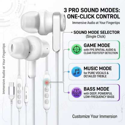 Gaming & Music HIFI Headphones for Samsung iPhone USB C Earphones Wired Type C Earbuds with One-key MIC Mute Volume Control