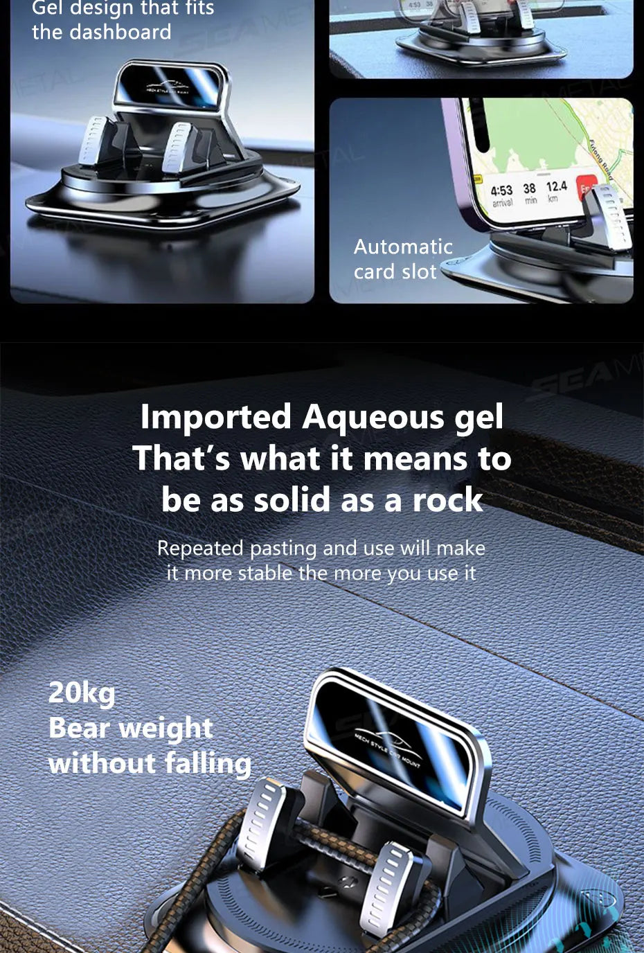 SEAMETAL Universal 360° Rotatable Car Phone Holder Anti-Slip Dashboard Phone Mount Non-Slip GPS Holder Stand for All Smartphones