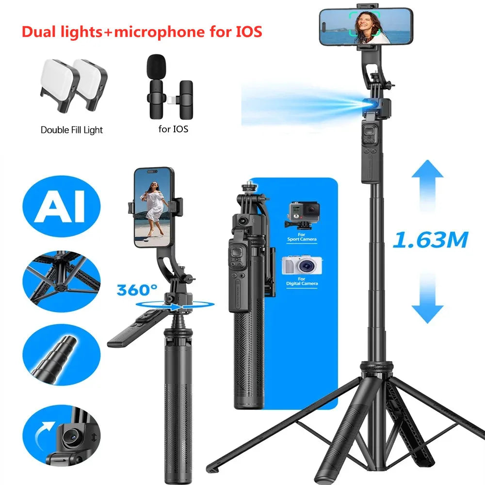 Selfie Stick Tripod Gimbal for Cell Phone 360° Auto-Rotation AI Tracking Stabilizer Shooting Quadrapod with Optional Fill Light