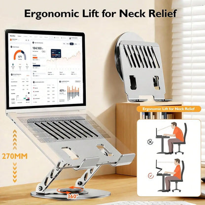 360 Degree Swivel Laptop Stand, Height Adjustable Computer Riser, Ergonomic Cooling Laptop Holder, Metal Notebook Tablet Mount