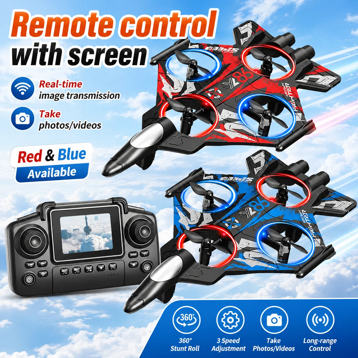 ZNLYRION Drone YL86 Fighter Shape With Screen Remote 480P Camera Fixed Height Hover Cool LED Light 360 Stunt Roll RC Quadcopter