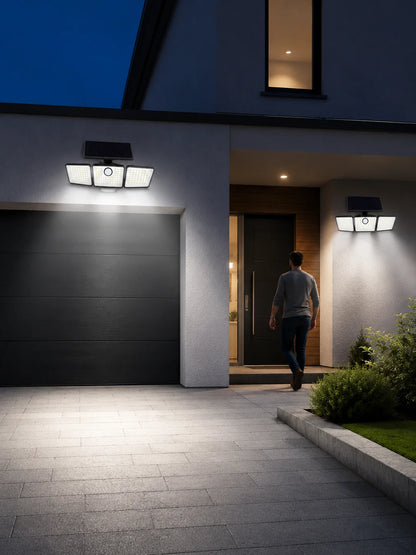 368LED Triple-Head Solar Powered Motion Sensor Outdoor Security Floodlight with Remote Control Waterproof Wall-Mounted Garden Lights for Garage Patio Garden Porch