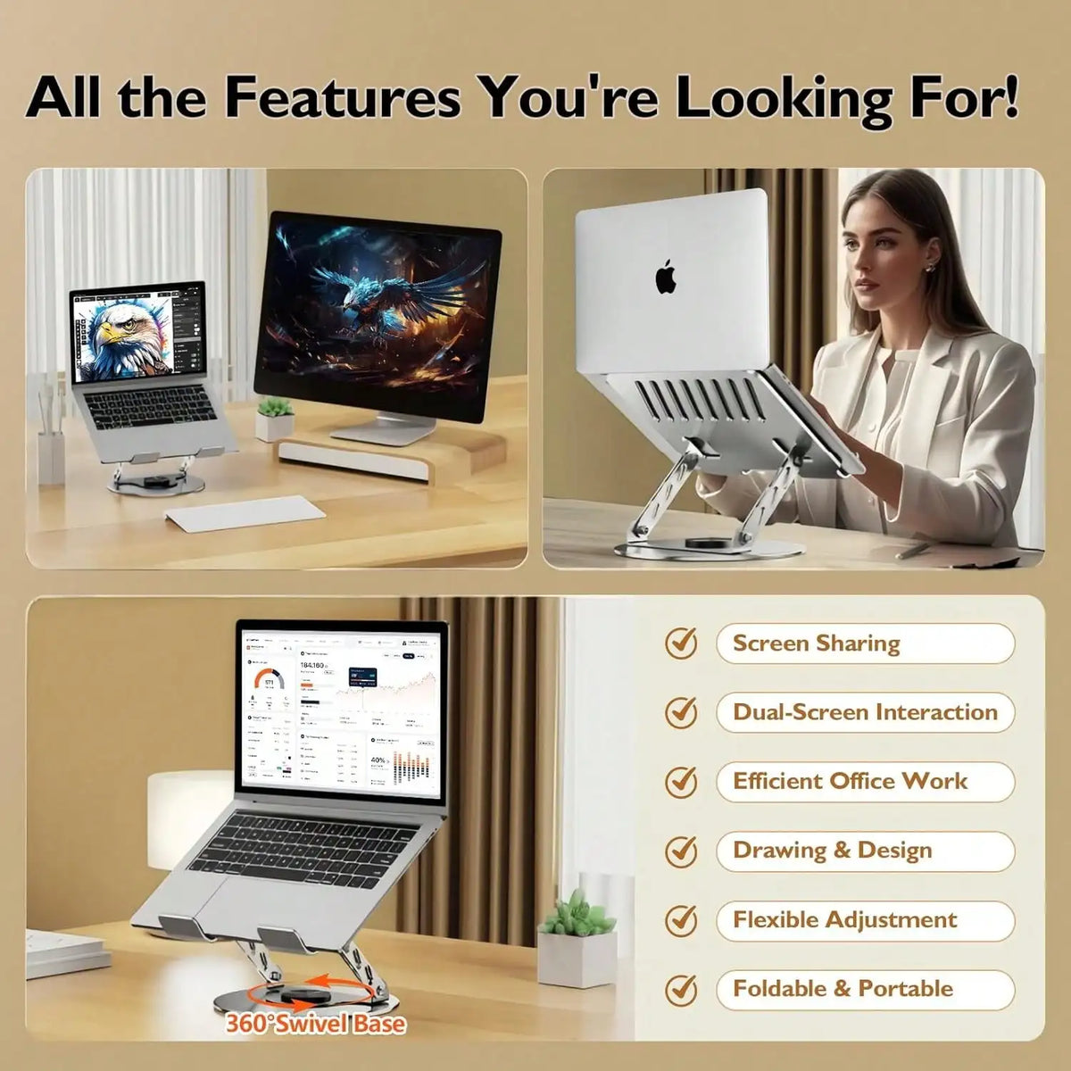 360 Degree Swivel Laptop Stand, Height Adjustable Computer Riser, Ergonomic Cooling Laptop Holder, Metal Notebook Tablet Mount