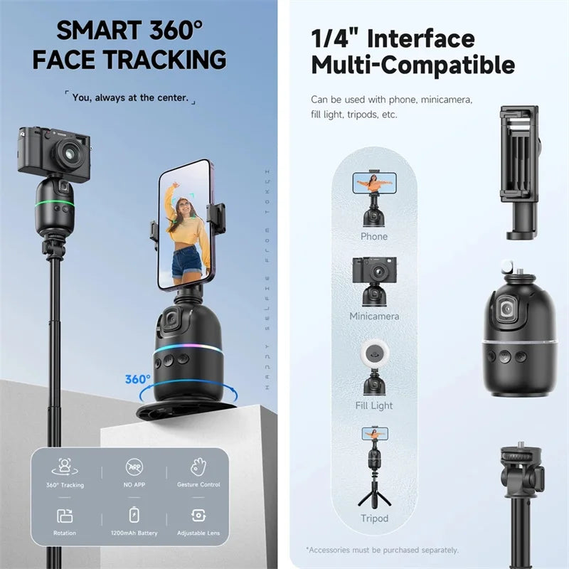 Selfie Stick Stabilizer 360° Auto Face Tracking AI Gimbal All-in-One Desktop Phone Holder Tripod for Smartphone Video Vlog Live