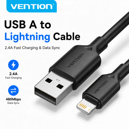 Vention Lightning Cable 2.4A for iPhone 14 13 12 11 8 Pro Max 2.4A USB A to Lightning Fast Charge Cord for iPad Phone Data Cable