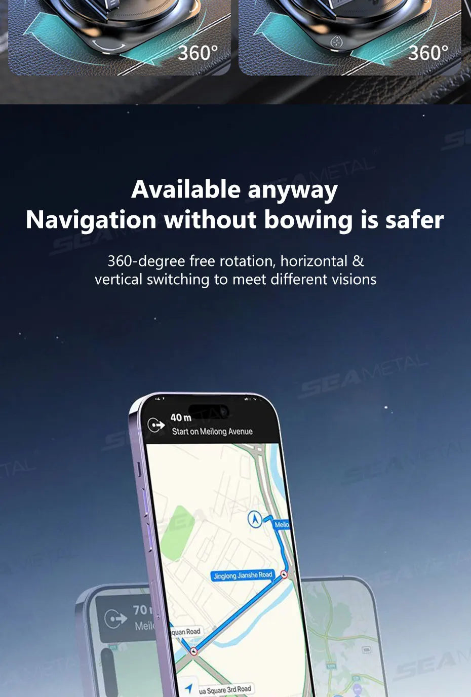 SEAMETAL Universal 360° Rotatable Car Phone Holder Anti-Slip Dashboard Phone Mount Non-Slip GPS Holder Stand for All Smartphones