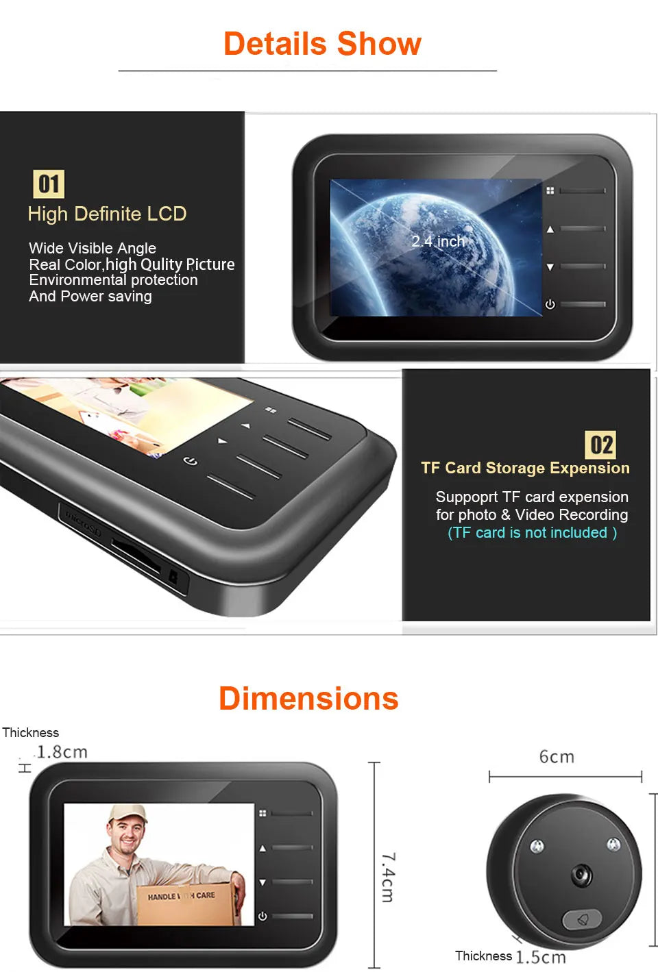Video Peephole Doorbell Camera Video-eye Auto Record Electronic Ring Night View Digital Door Viewer Entry Home Security