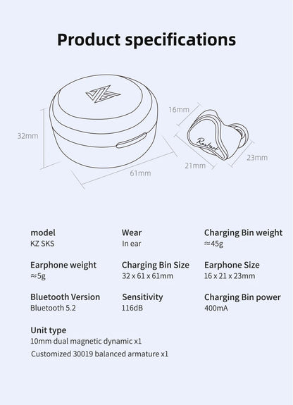 KZ SKS 1BA+1DD TWS Earphones Bluetooth 5.2 Hybrid Game Earbuds True Wireless Touch Control Noise Cancelling Sport Headset S2 S1