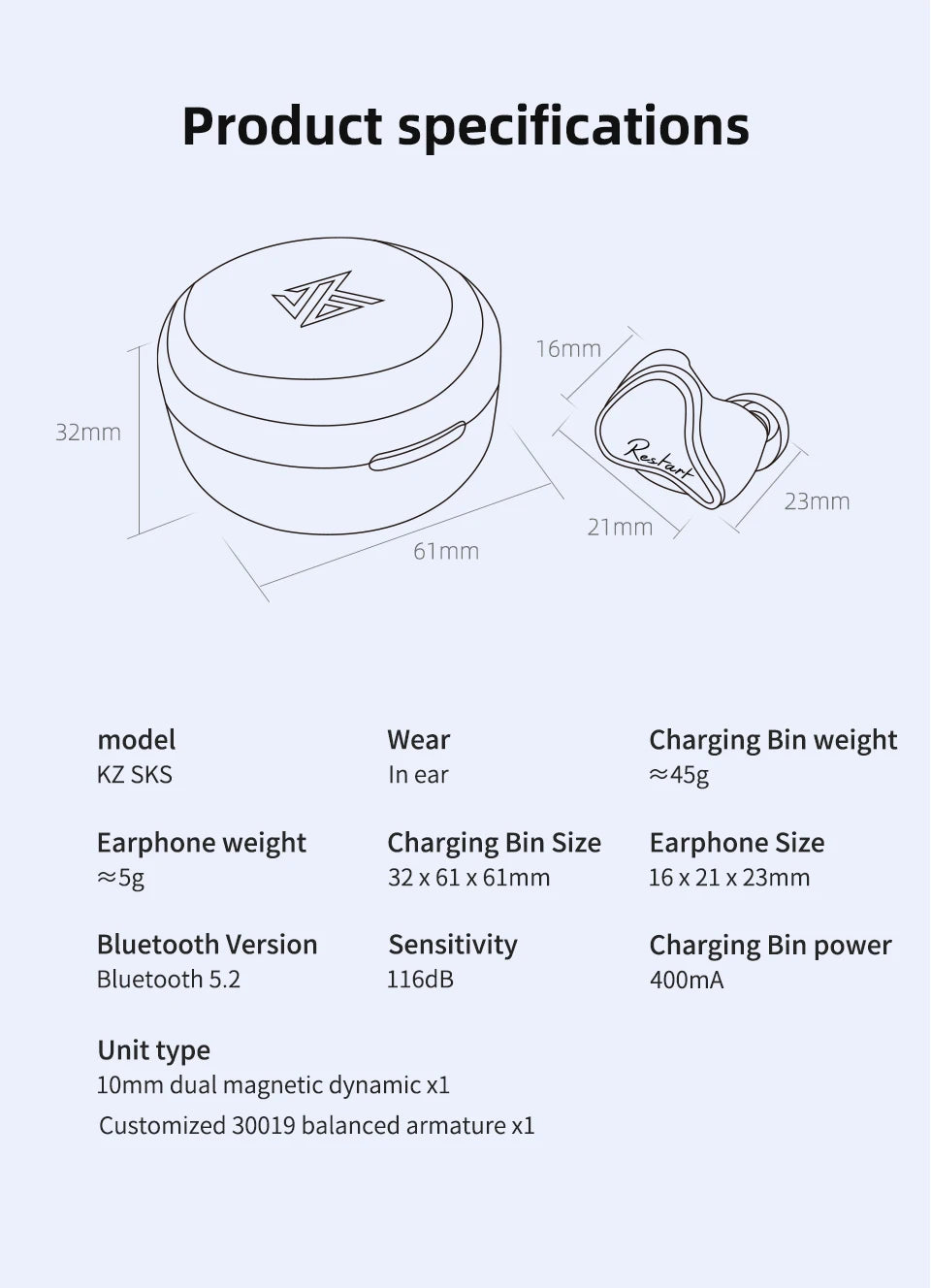 KZ SKS 1BA+1DD TWS Earphones Bluetooth 5.2 Hybrid Game Earbuds True Wireless Touch Control Noise Cancelling Sport Headset S2 S1