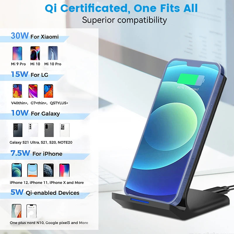30W Qi Wireless Charger Stand Fast Charging Dock Station For Samsung S20 S10 Xiaomi iPhone 12 11 Pro X XS Max XR 8 Phone Holder