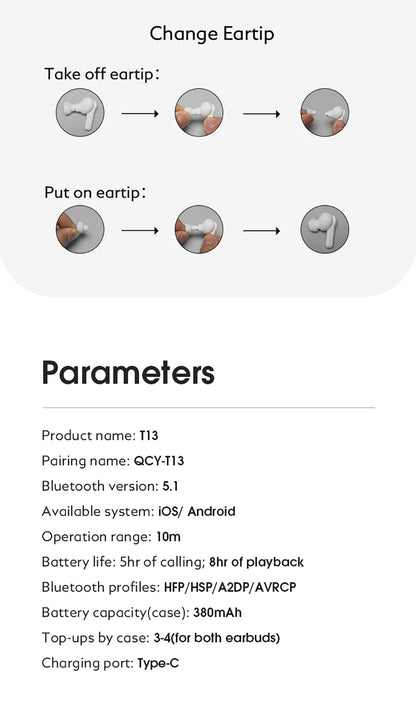 QCY T13 Wireless Bluetooth Earphone with 4 Mics ENC HD Call Headset V5.1 TWS Earphone Touch Control Earbuds Long Standby 40H