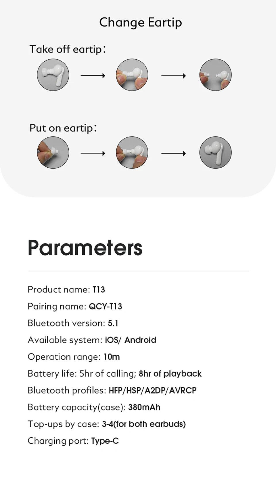 QCY T13 Wireless Bluetooth Earphone with 4 Mics ENC HD Call Headset V5.1 TWS Earphone Touch Control Earbuds Long Standby 40H