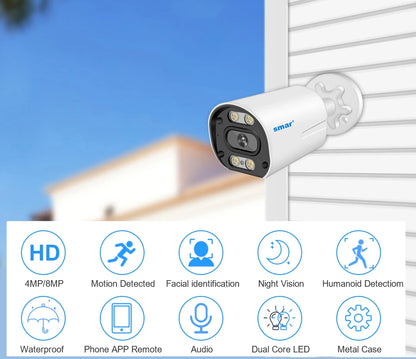 Smar 4K 8MP POE IP Camera Built-in Microphone Outdoor Waterproof H.265 Audio Video Surveillance CCTV Home Security Onvif XMEye