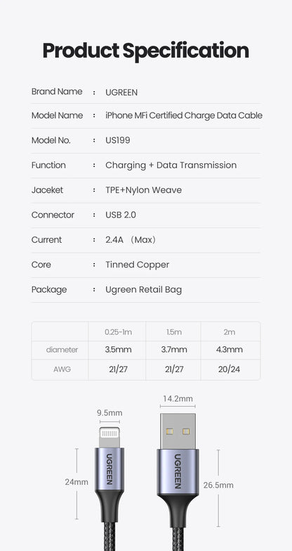 UGREEN MFi For USB Lightning Cable Charger For APPLE iPad iPhone 14 13 11 8 12W Fast charging data Braided short long Carplay 2m