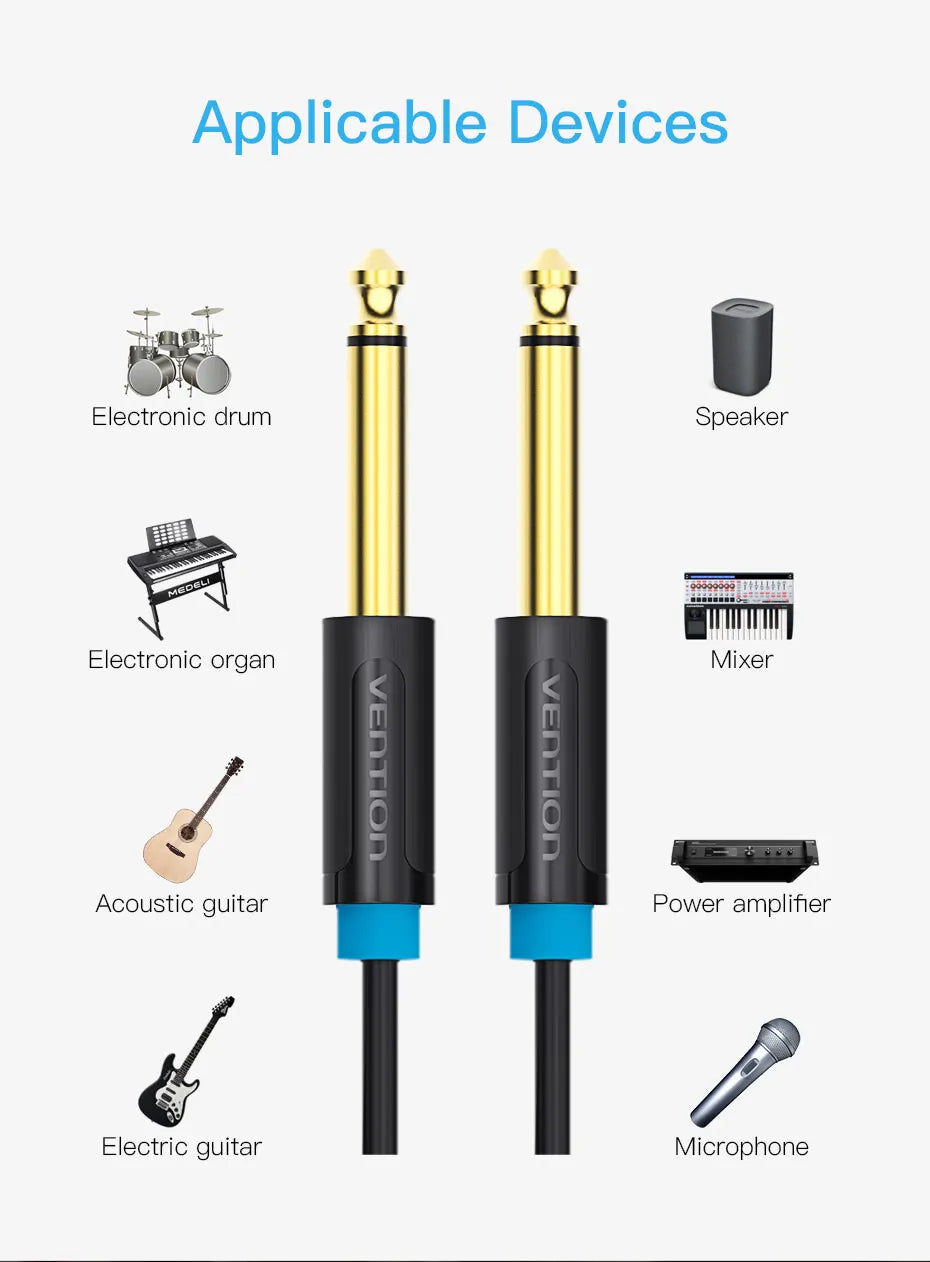 Vention Aux Guitar Cable 6.5 Jack 6.5mm to 6.5mm Audio Cable 6.35mm Aux Cable for Stereo Guitar Mixer Amplifier Speaker cablenew