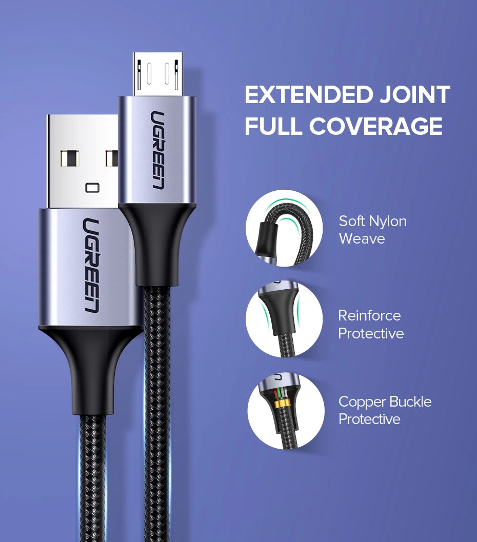 Ugreen Micro USB Cable 2A Nylon Fast Charging USB Cable for Samsung Xiaomi HTC USB Charger Data Cable Mobile Phone Cable