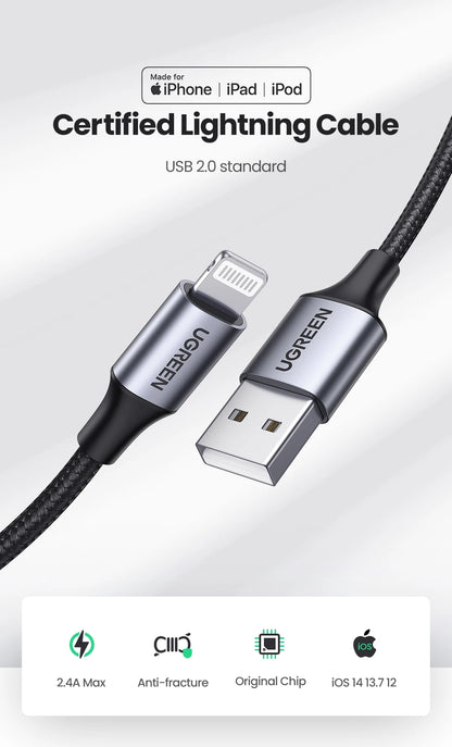 UGREEN MFi For USB Lightning Cable Charger For APPLE iPad iPhone 14 13 11 8 12W Fast charging data Braided short long Carplay 2m