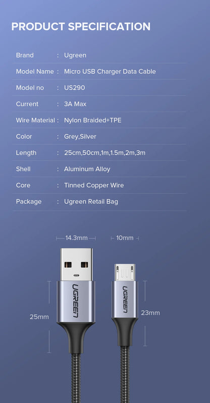 Ugreen Micro USB Cable 2A Nylon Fast Charging USB Cable for Samsung Xiaomi HTC USB Charger Data Cable Mobile Phone Cable