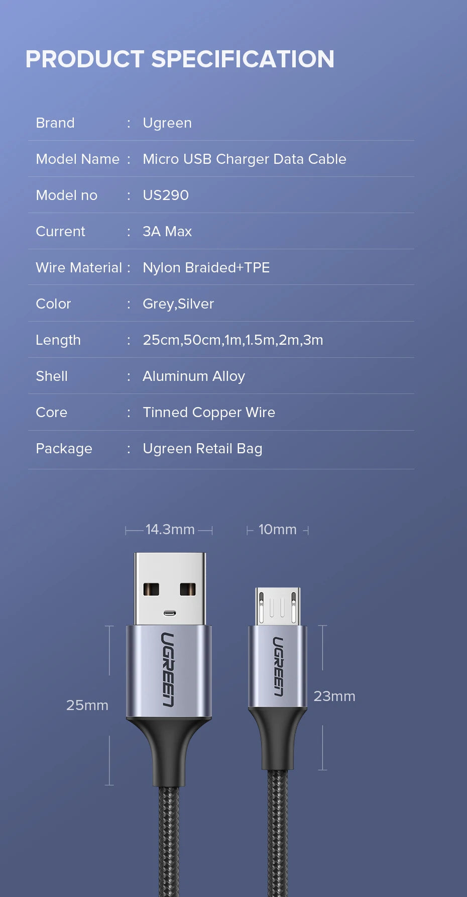 Ugreen Micro USB Cable 2A Nylon Fast Charging USB Cable for Samsung Xiaomi HTC USB Charger Data Cable Mobile Phone Cable