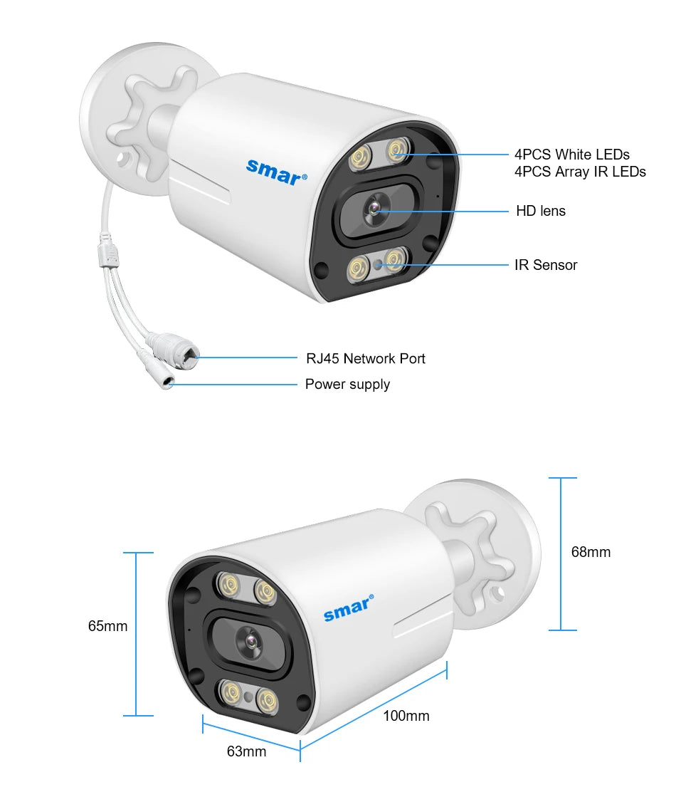 Smar 4K 8MP POE IP Camera Built-in Microphone Outdoor Waterproof H.265 Audio Video Surveillance CCTV Home Security Onvif XMEye