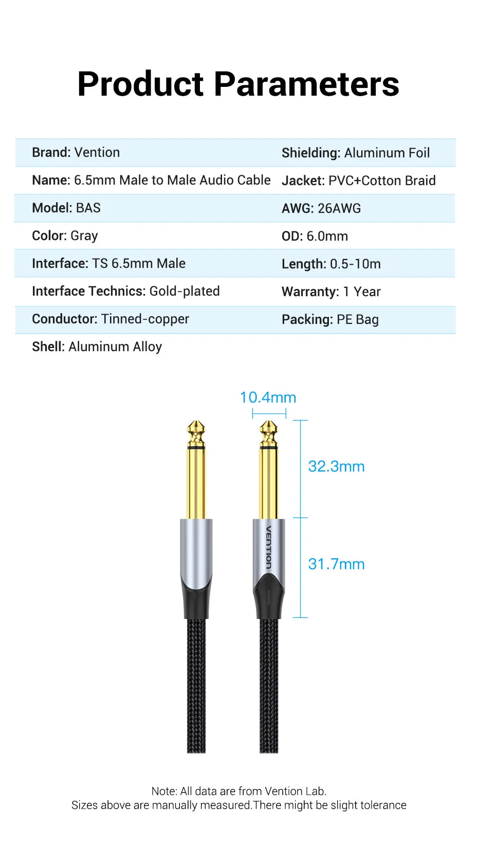 Vention Aux Guitar Cable 6.5 Jack 6.5mm to 6.5mm Audio Cable 6.35mm Aux Cable for Stereo Guitar Mixer Amplifier Speaker cablenew