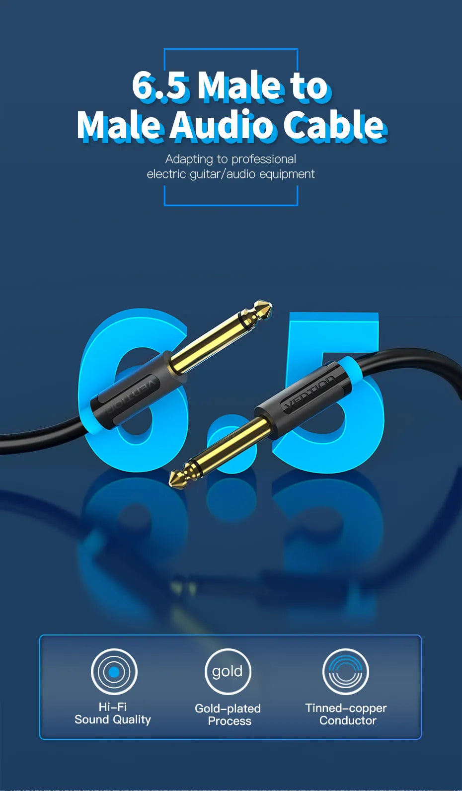 Vention Aux Guitar Cable 6.5 Jack 6.5mm to 6.5mm Audio Cable 6.35mm Aux Cable for Stereo Guitar Mixer Amplifier Speaker cablenew