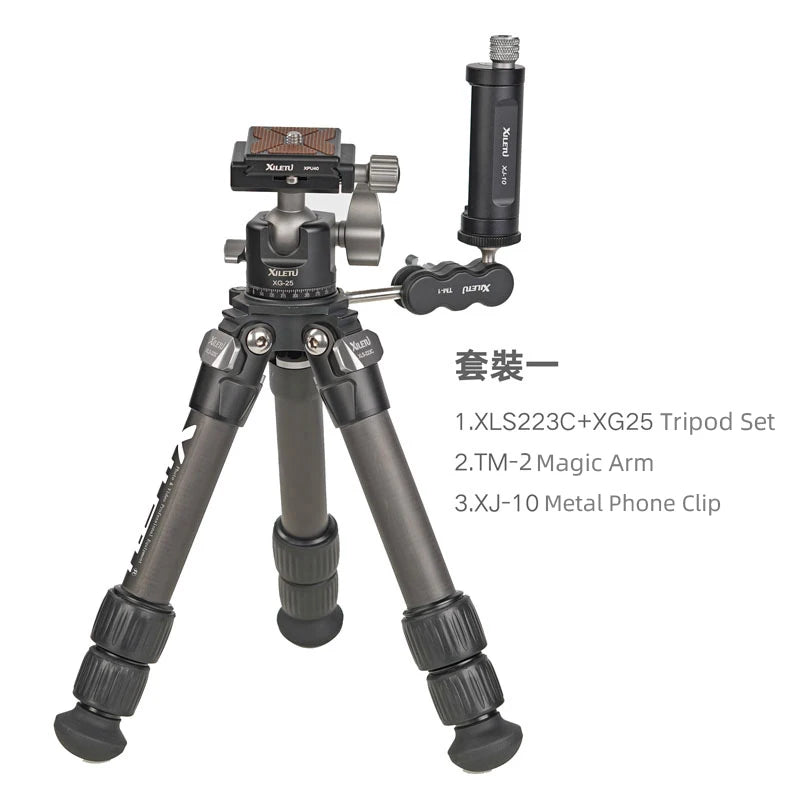 XILETU Lightweight Stable Carbon Fiber Tripod w 360° Rotation Detachable Ball Head Mini Tabletop Stand For Digital Cameras DSLRS