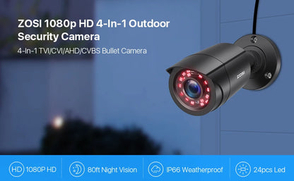 ZOSI 2.0MP 1080p Outdoor Indoor Security Camera 4-in-1 TVI/CVI/AHD/CVBS CCTV Camera for Analog Home Surveillance DVR System