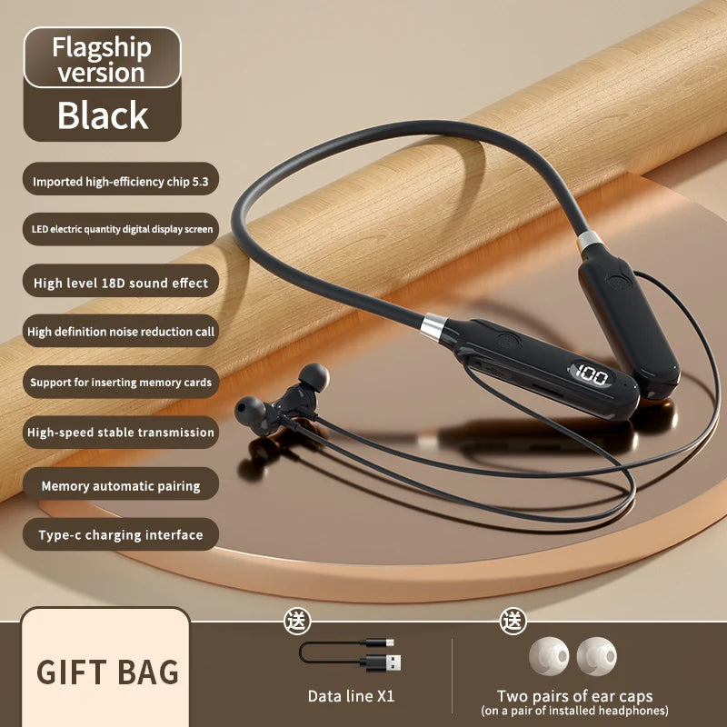BT-12 Wireless Bluetooth Earphones Sports Headphones Card Insertion Digital Display Noise Cancelling Headset HiFi Music Earbuds