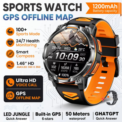 New Technology 2026 Offline Map GPS Smart Watch Men 1200mAh Battery Waterproof Compass Altimeter 100+Sports Military Smart Watch