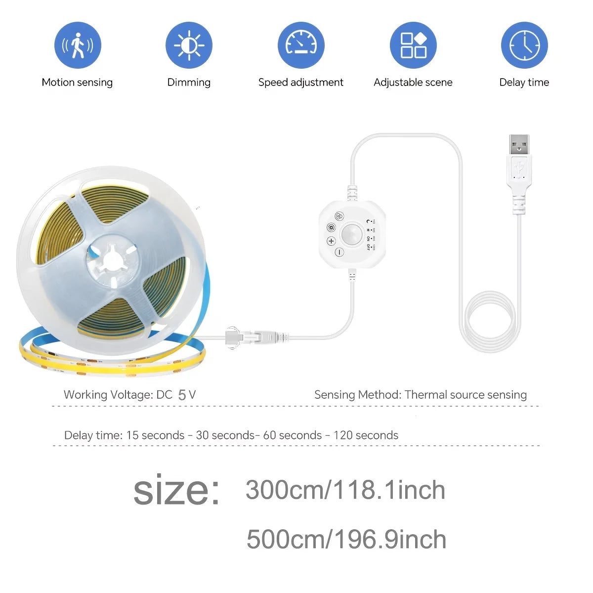 Human Motion Sensor Cob Light Strip, Flowing Motion Sensor Led Light Strip, Usb-Powered Flexible Light Strip, Wall-Mounted Design, Sensor-Activated Lighting, Lights up When People Approach, Turns Off When People Leave, Flowin
