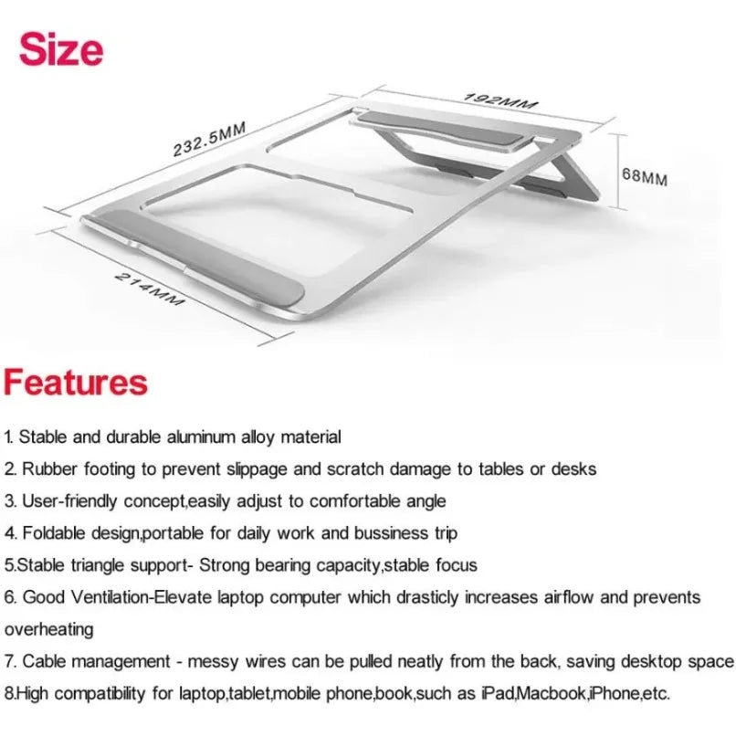 Ergonomic Aluminum Alloy Laptop Stand Foldable Adjustable Desktop Riser Cooler Bracket for 10-17 Inch MacBook Notebook PC Holder
