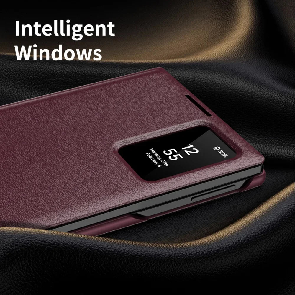 Luxury Leather Wallet Card Slot Smart View Case for Samsung Galaxy Z Fold 8 Fold8 Wide Flip-Free Answering Wake Up Flip Cover