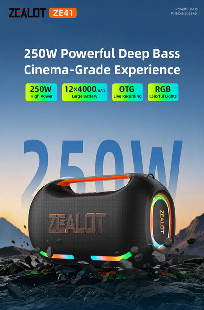 ZEALOT ZE41 250W Bluetooth Subwoofer | 48000mAh Long-Lasting Battery, RGB Lights, OTG Recording, Smart APP Control